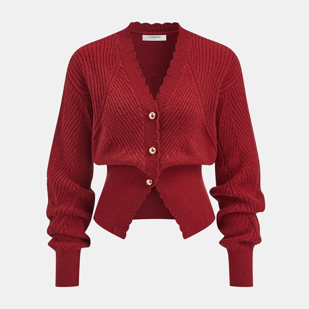 COMMENSE Scalloped Edge Ribbed V-Neck Buttoned Cardigan - size XSmall